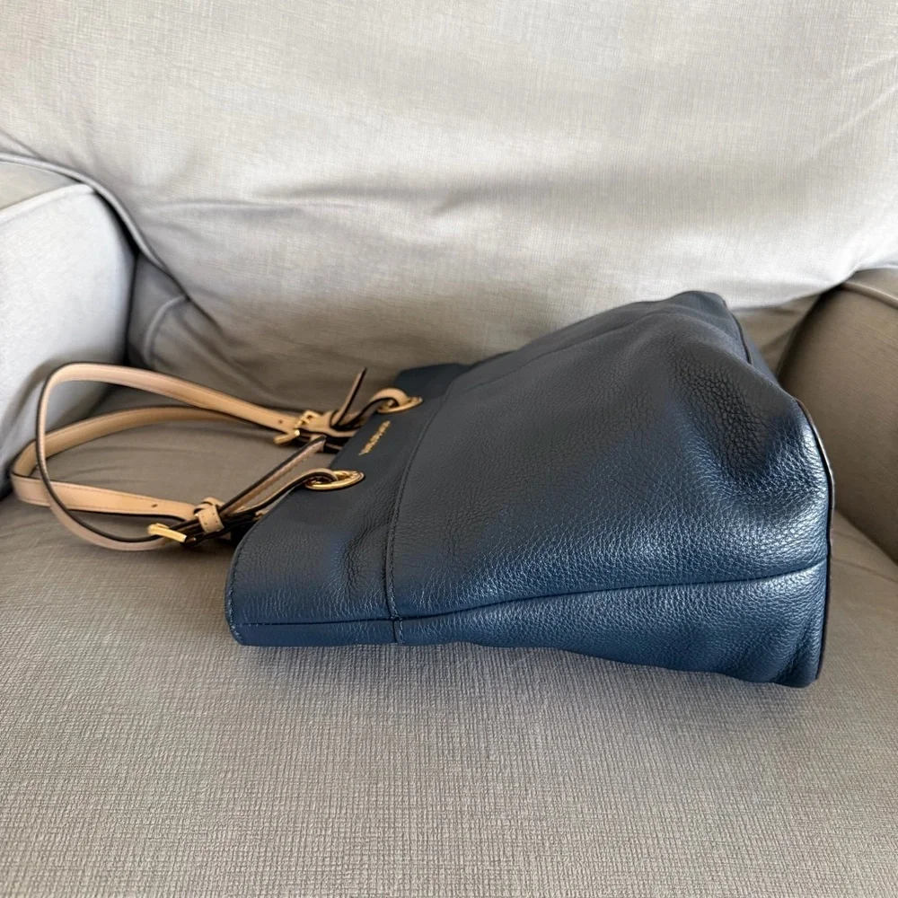 Michael Kors Dark Blue Pebbled Leather with Tan Straps Shoulder Bag Tote - Picture 6 of 15